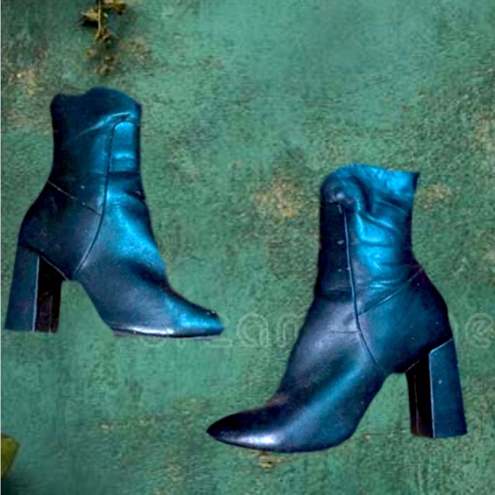 Zara Black Pointed Toe Block Heel Ankle Boots